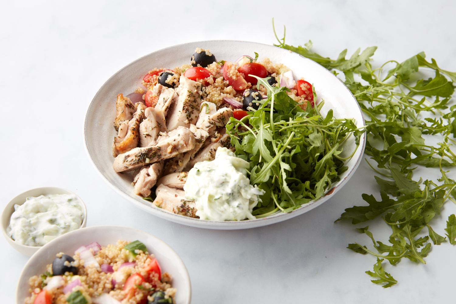 Chicken and quinoa Greek salad bowl with tzatziki | Jennis