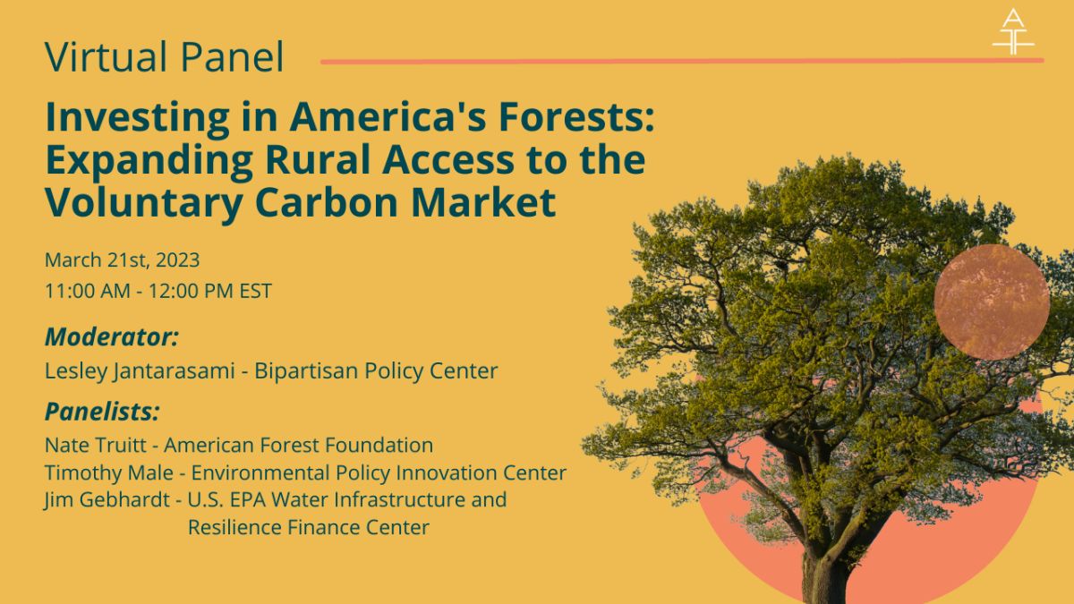 A large oak tree on the right with text on the left that reads, "Webinar - Investing in America's Forests: Expanding Rural Access to the Voluntary Carbon Market."