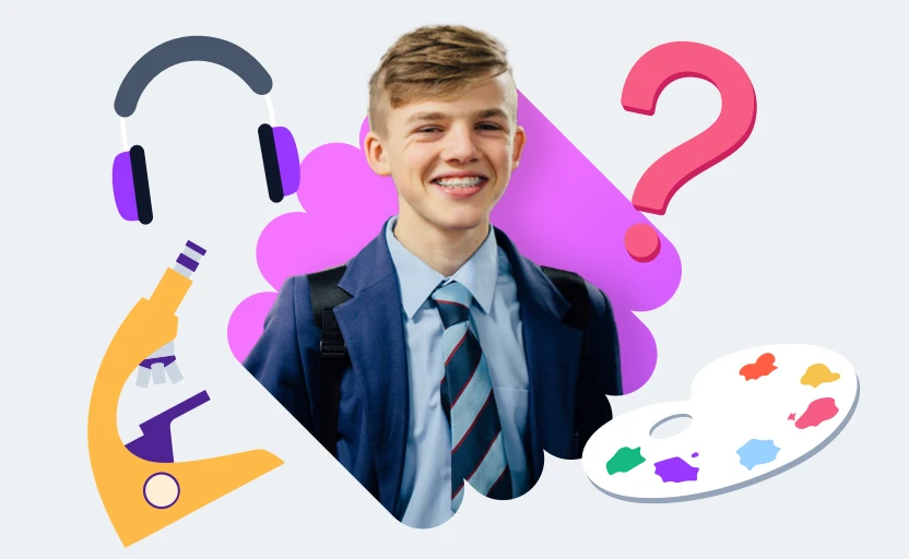 School pupil smiling, they're surrounded by illustrations representing different careers: a paint palette, a microscope and headphones
