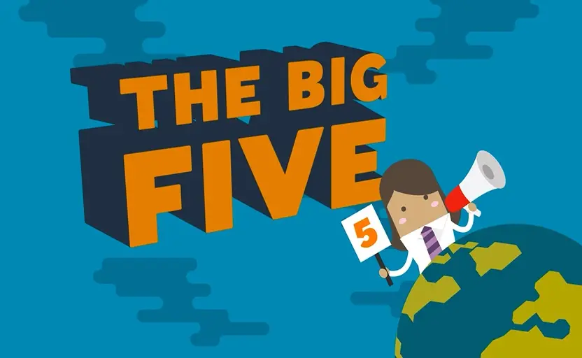 animated 'the big five' with a person holding a sign saying '5' with a megaphone