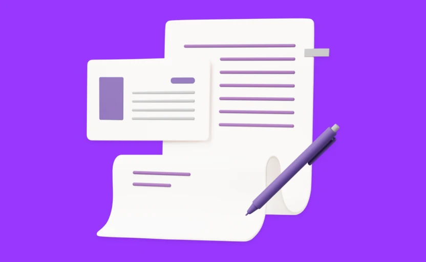 Illustration of a piece of paper and a purple pen.