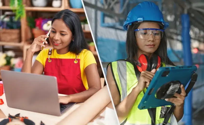Left side shows a person sitting at a laptop, on a call, the image is split showing the same person on the right wearing a hard hat and high visibility vest while working in a factory.
