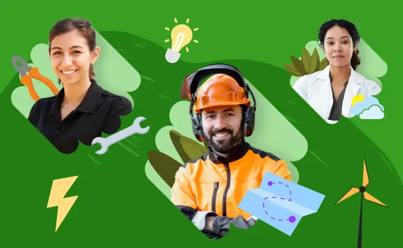 Three green professionals smiling at the camera. They're surrounded by various green job-related icons against a green background.