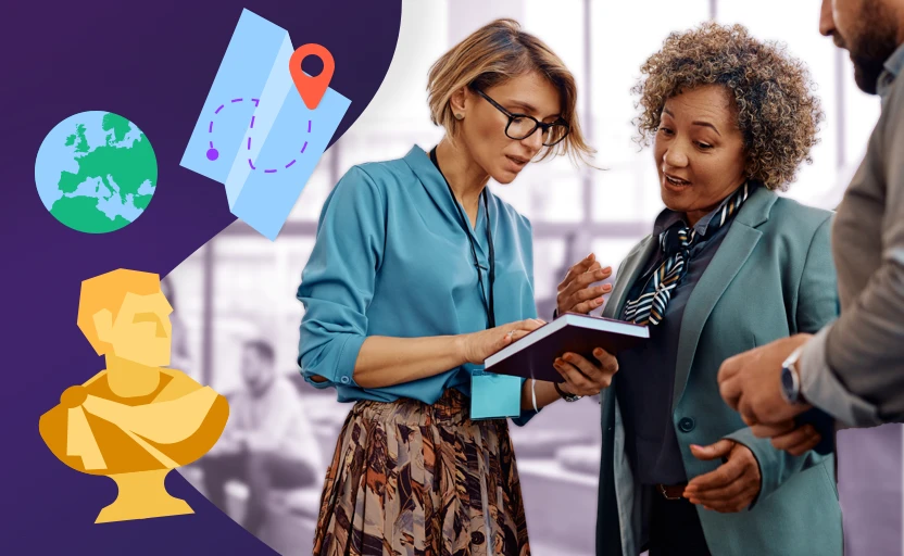 Woman holding notebook and explaining something to two people