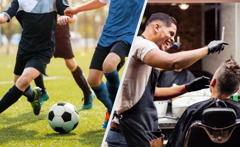 Young people playing football, split with an image to the right of a barber cutting someone's hair
