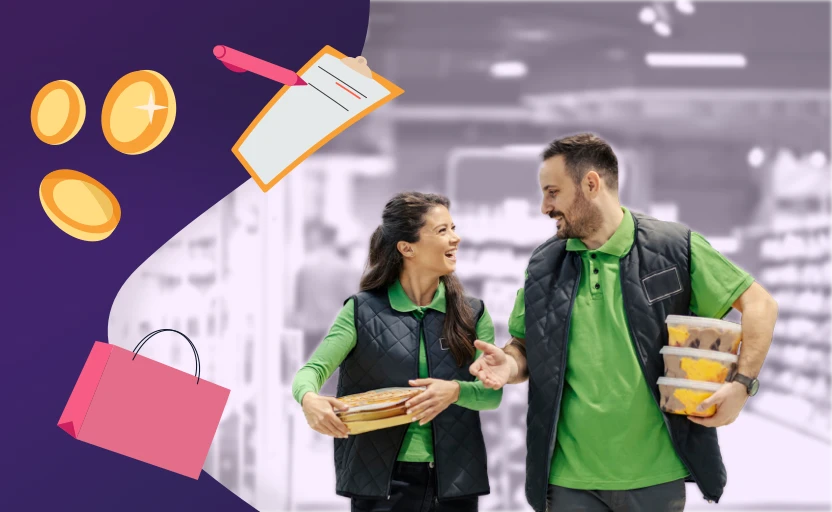 Two smiling people carrying products in a supermarket