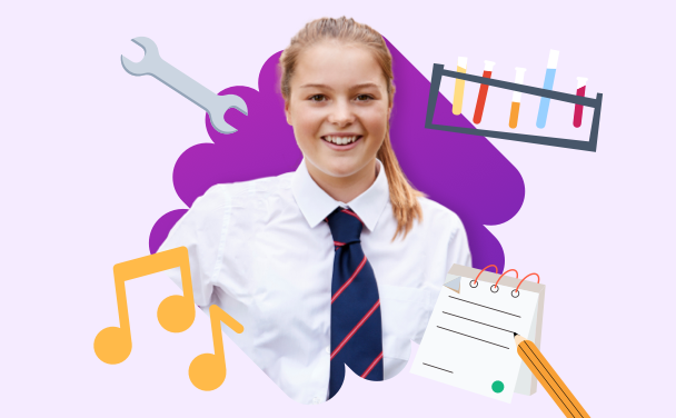 A school pupil in uniform with graphical icons for different subjects including music, science and metalwork 