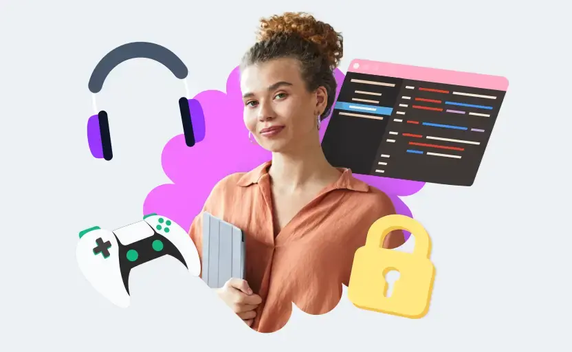 A young woman surrounded by various tech icons