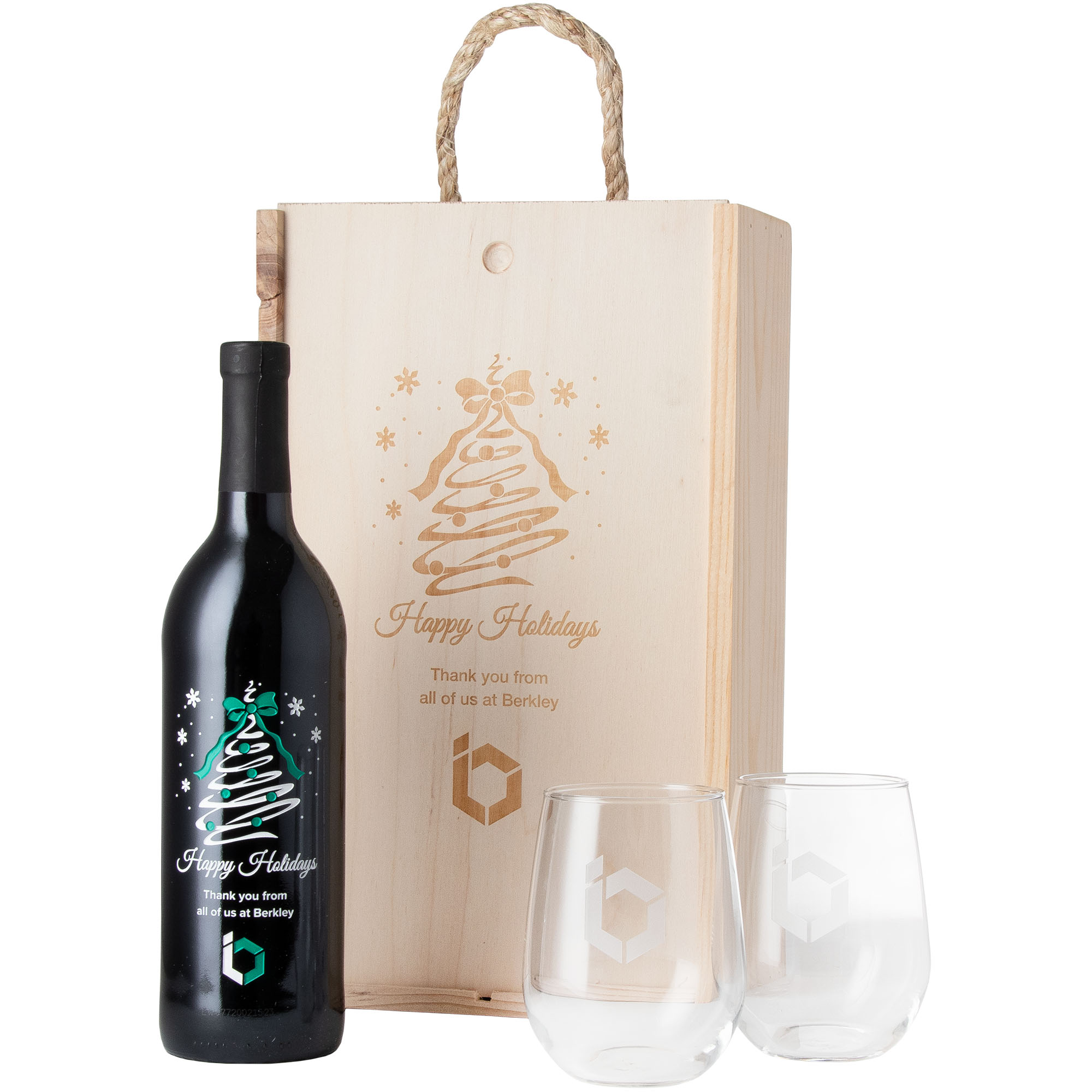 Custom etched red wine bottle with logo for corporate holiday gift