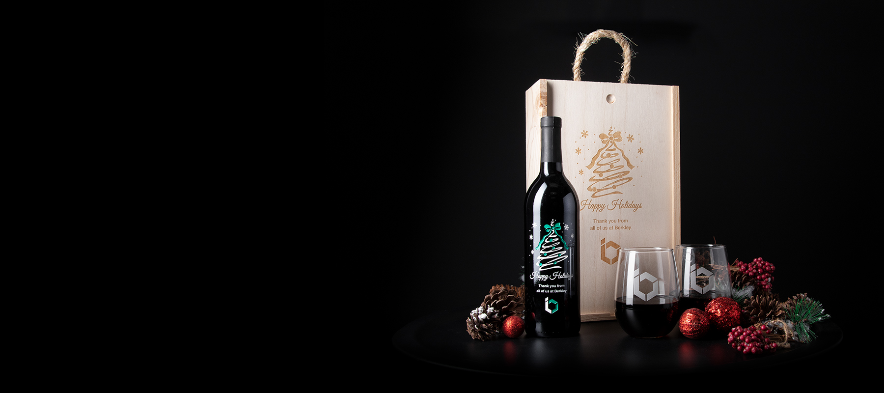 Custom etched corporate wine gift set with laser engraved wood box and etched wine glasses by Etching Expressions