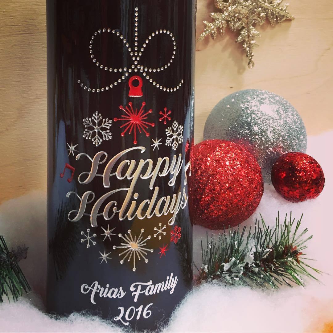 Happy Holidays Custom Etched Company Wine Gifts by Etching Expressions