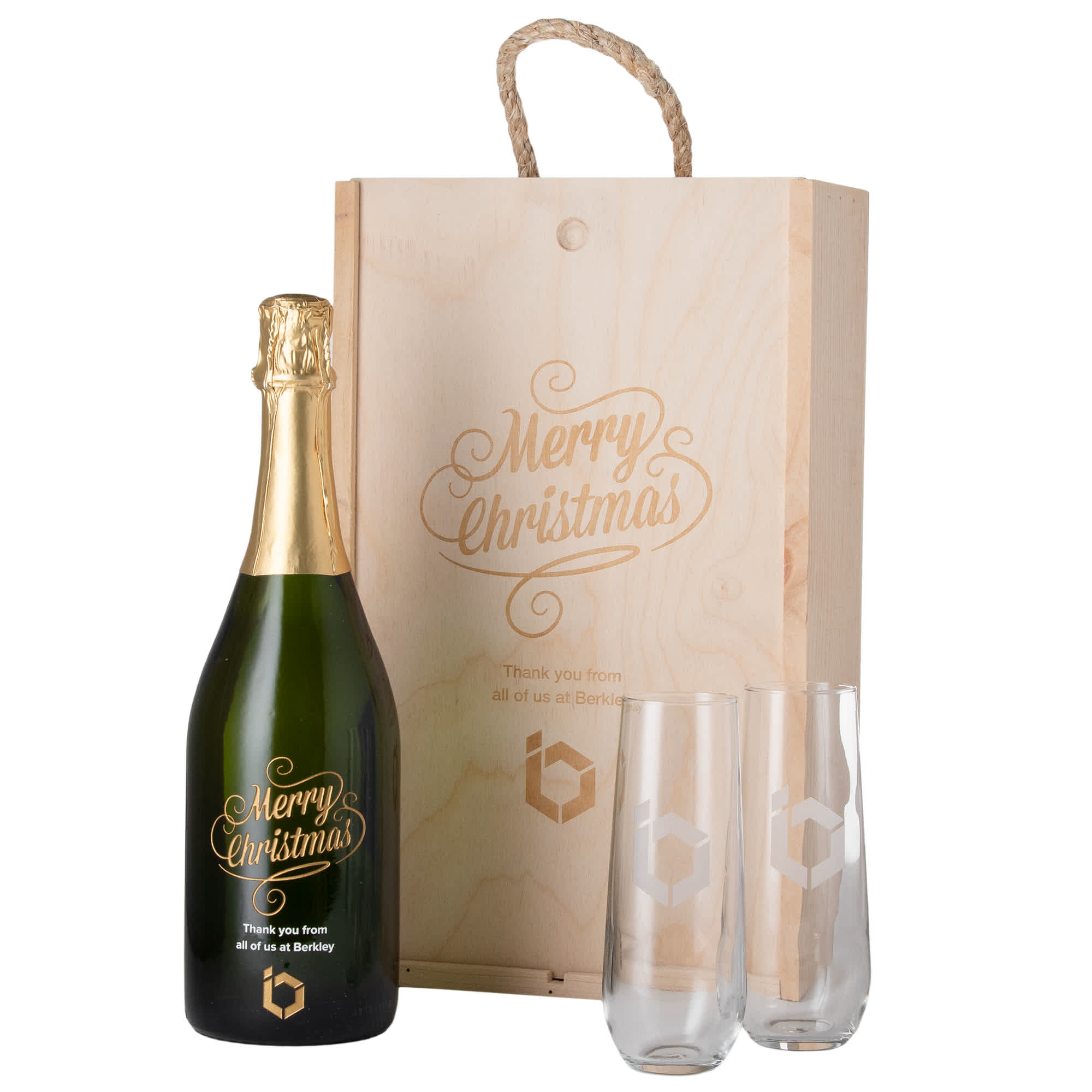 Custom etched champagne bottle with logo for corporate holiday gift