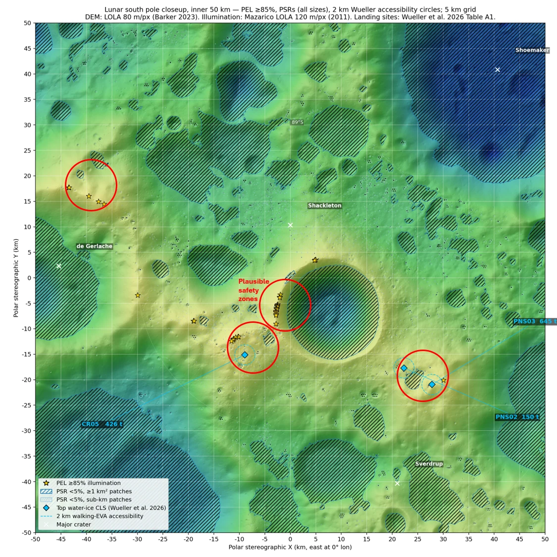 Lunar south pole close-up – inner 50km.