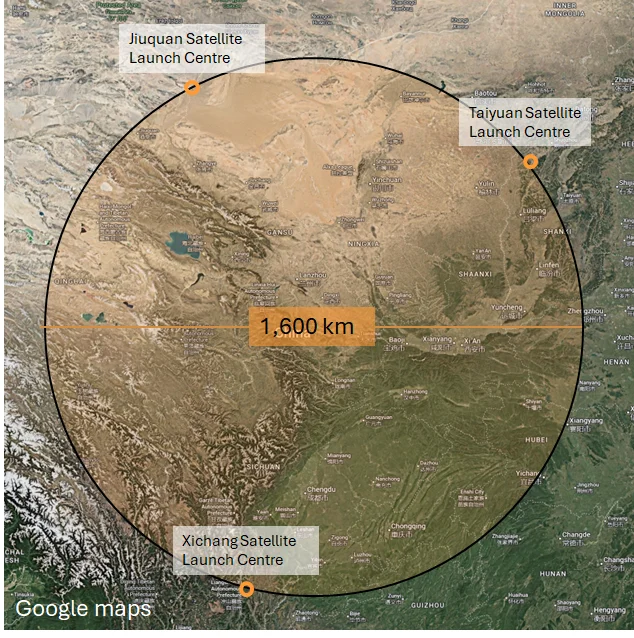 Satellite view of a 1,600km diameter circle with the Jiuquan, Taiyuan, and Xichang Sattelite Lauch Centres lying on its circumference.