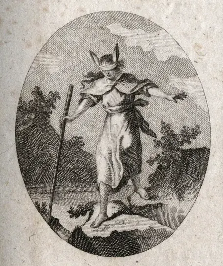 Allegory of Error by Stefano Bianchetti. An engraving depicting a blindfolded figure with donkey ears staggering forward holding a staff.
