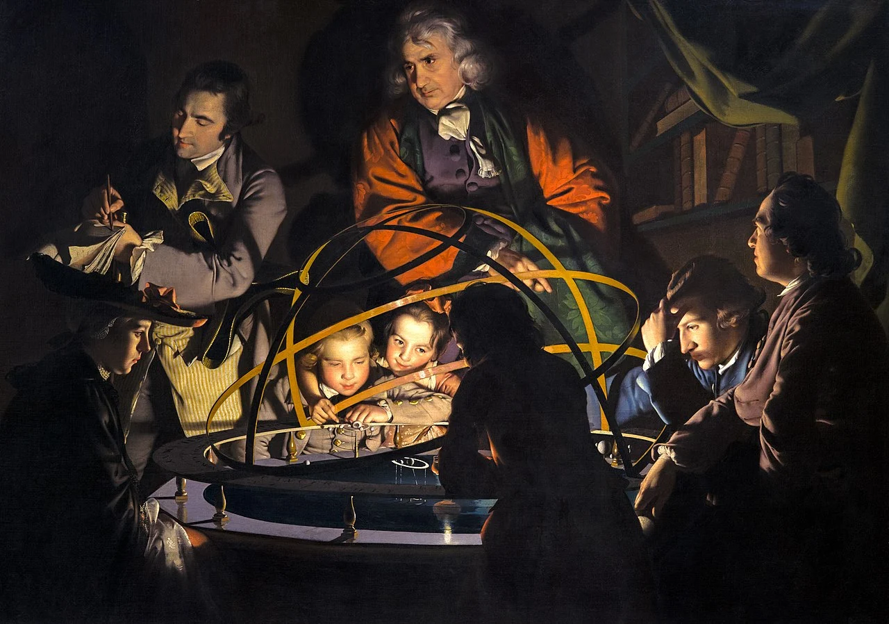 A Philosopher Lecturing on the Orrery, a painting by Joseph Wright of Derby. It depicts a lecturer giving a demonstration of an orrery – a mechanical model of the Solar System – to a small audience.