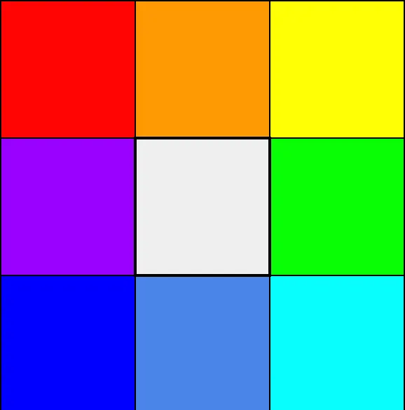 A grid of nine colored cells, representing a simplified color wheel.