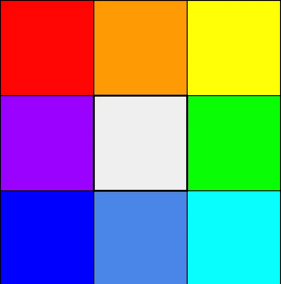 A grid of nine colored cells, representing a simplified color wheel.