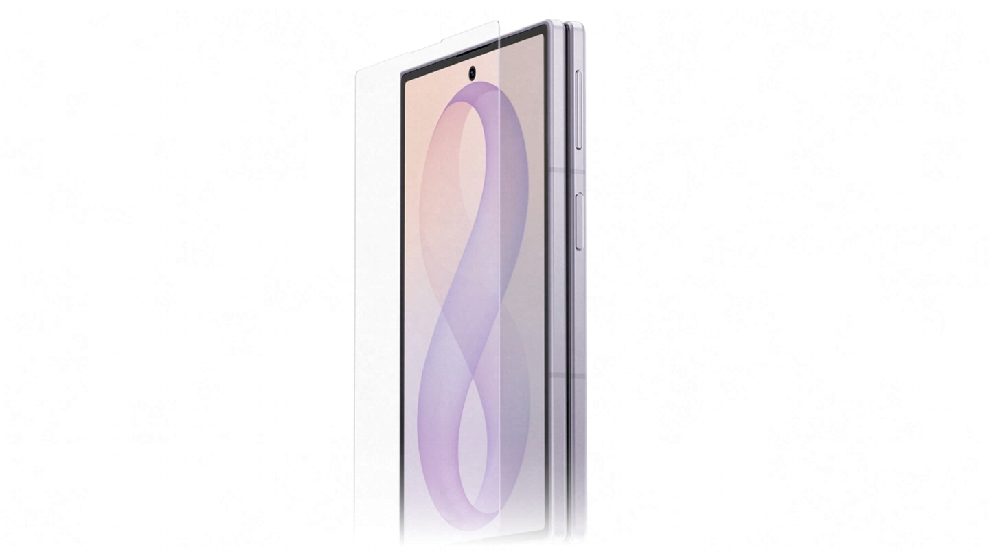 Zu sehen ist ein zusammengeklapptes Galaxy Z Fold8 vom Frontdisplay aus. Eine Schutzglasscheibe schwebt über dem Display, bevor sie am Smartphone befestigt wird.