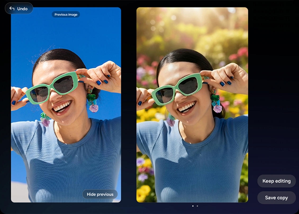 Ein Foto ist zu sehen. Eine Person beschreibt die gewünschten Änderungen und drückt den Button „Erstellen“. Galaxy AI bearbeitet das Foto. Anschließend wird der Button „Vorheriges anzeigen“ angetippt. Auf dem Hauptdisplay des Galaxy Z Fold8 sind das Original und die bearbeitete Version nebeneinander zu sehen.