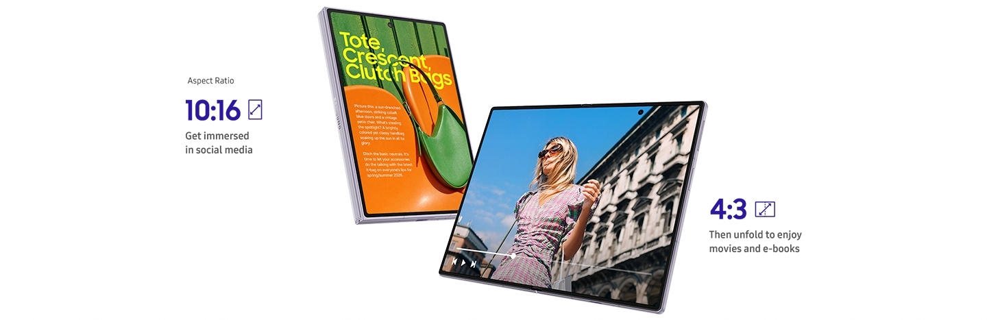 Es sind zwei Galaxy Z Fold8 zu sehen. Ein Gerät ist zusammengeklappt und zeigt ein Magazin auf dem 10:16-Frontdisplay. Das andere Gerät ist aufgeklappt und auf dem 4:3-Hauptdisplay wird ein Video abgespielt.