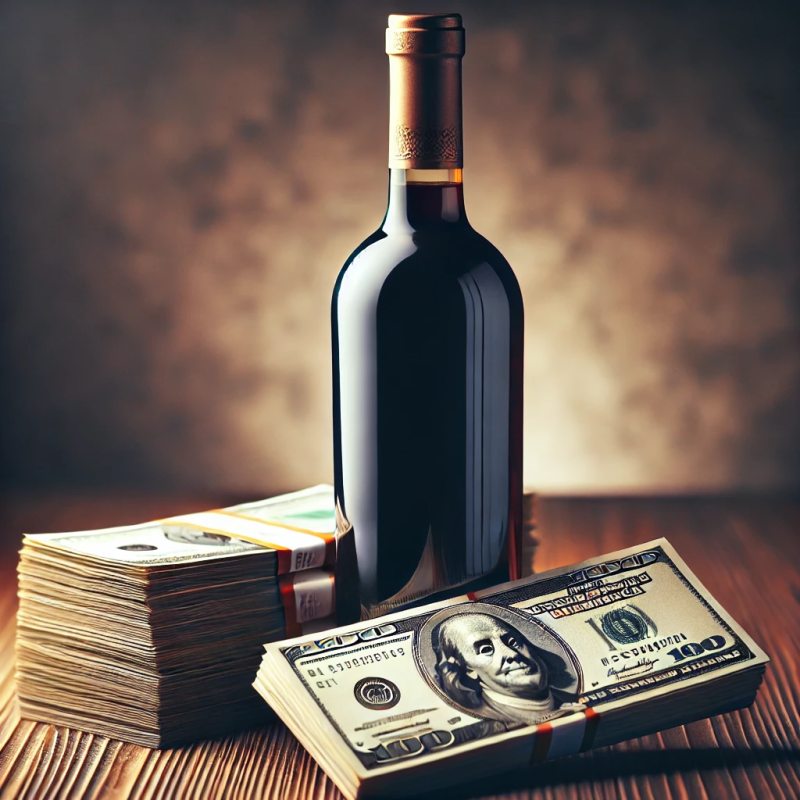 DALL·E 2024-08-09 09.38.39 - A detailed image featuring a bottle of wine placed next to a stack of cash. The wine bottle should be elegant, with a dark glass and a stylish label,