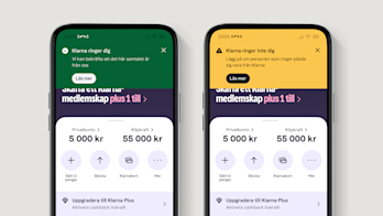 Two Klarna app screens showing the Call Status Detection banner: a green verified call banner and an amber unverified call banner.