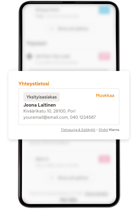 Matkapuhelimen näytöllä esitäytetyt asiakastiedot