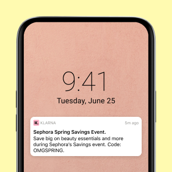 A push notification from klarna promoting a sale at a partner brand