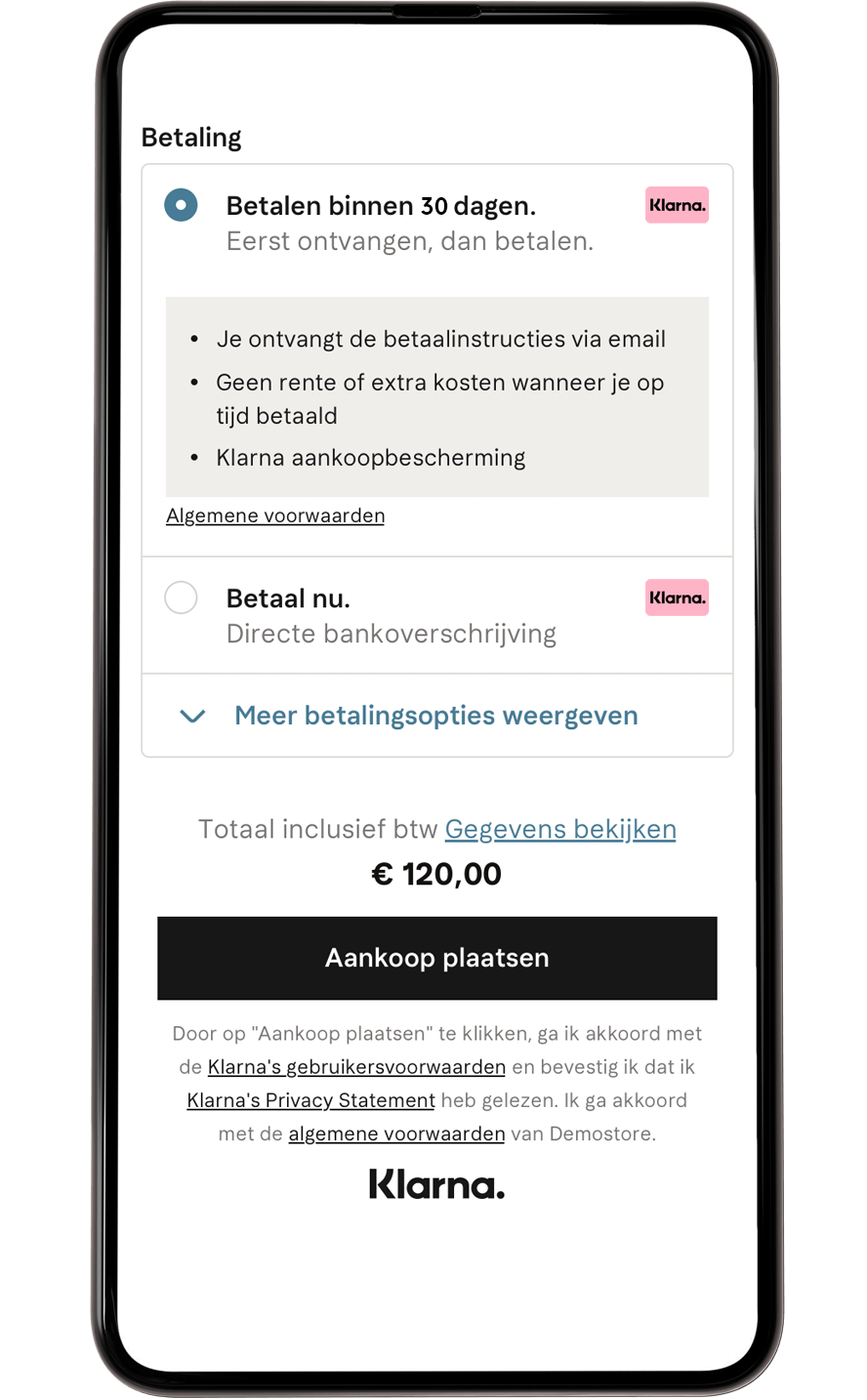 Betaalen binnen 30 dagen checkout mobiel scherm