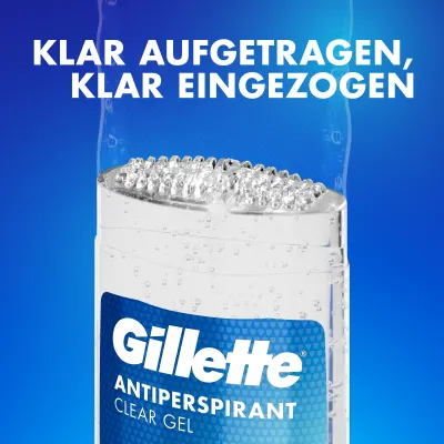 Nahaufnahme des transparenten Gillette Clear Gel Antitranspirants, das schnell einzieht und keine weißen Rückstände hinterlässt