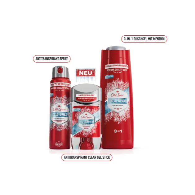 Die neue Old Spice Cold Spice Serie mit Antitranspirant Spray, Clear Gel Deostick und 3-in-1 Duschgel mit Menthol auf weißem Hintergrund.
