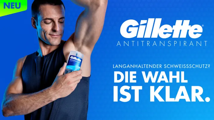 Mann trägt Gillette Clear Gel Antitranspirant auf. Das Kampagnenmotiv hebt langanhaltenden Schutz vor Schweiß und die transparente Gel-Formel hervor. 