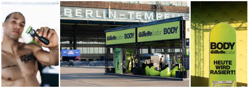Ein Mann mit nacktem Oberkörper und GilletteLabs BODY+ INTIMATE Body Tattoo hält den Gillette GilletteLabs BODY+ INTIMATE Rasierer in die Kamera.