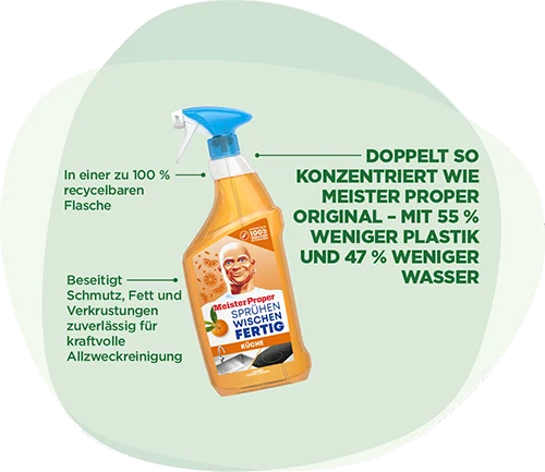 Meister Proper Flüssigreiniger in 100 % recycelbarer Flasche. Entfernt Schmutz, Fett & Verkrustungen. Doppelt konzentriert, 55 % weniger Plastik, 47 % weniger Wasser.