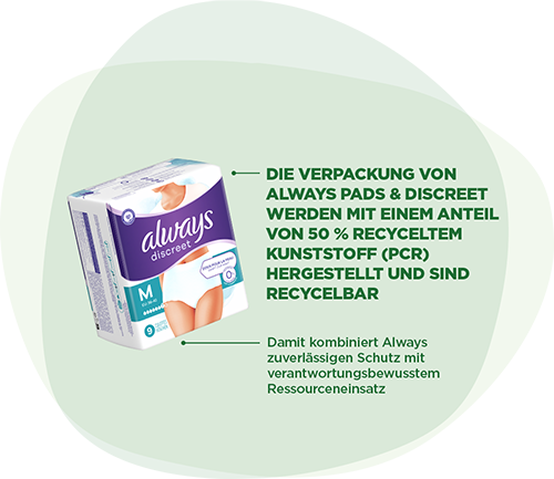 Die Verpackung von Always Pads & Discreet werden mit einem Anteil von 50 % recyceltem Kunststoff (PCR) hergestellt und sind recycelbar. Damit kombiniert Always zuverlässigen Schutz mit verantwortungsbewusstem Ressourceneinsatz.