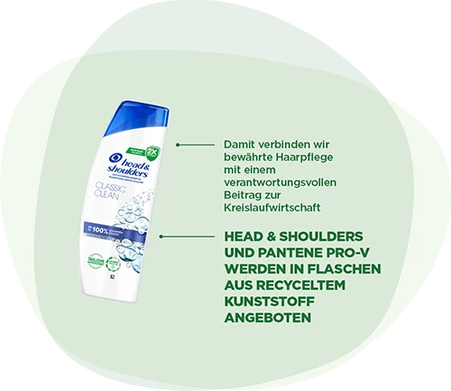Head & Shoulders und Pantene Pro-V werden in Flaschen aus recyceltem Kunststoff angeboten. Damit verbinden wir bewährte Haarpflege mit einem verantwortungsvollen Beitrag zur Kreislaufwirtschaft.