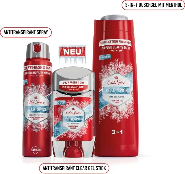 Die neue Old Spice Cold Spice Serie mit Antitranspirant Spray, Clear Gel Deostick und 3-in-1 Duschgel mit Menthol auf weißem Hintergrund.