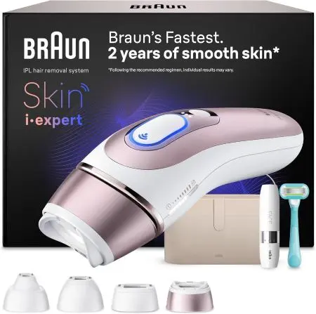 Werbung für das Braun Skin i-expert IPL-Haarentfernungssystem mit Gerät und lächelnder Frau.