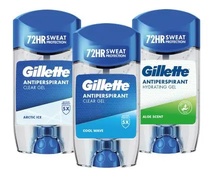 Die drei Varianten des Gillette Clear Gel Antitranspirants: Arctic Ice, Cool Wave und Aloe Scent für unterschiedliche Frischebedürfnisse. 