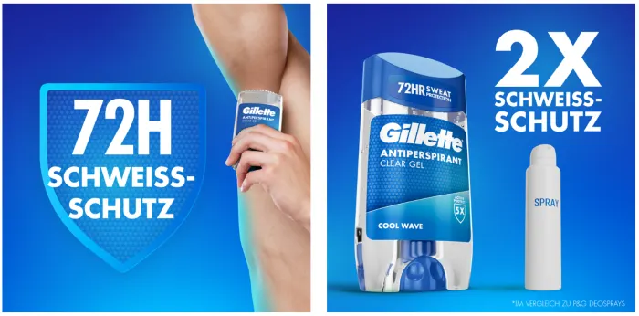 Gillette Clear Gel Antitranspirant mit Hinweis auf bis zu 72 Stunden Schutz vor Schweiß und langanhaltende Frische.