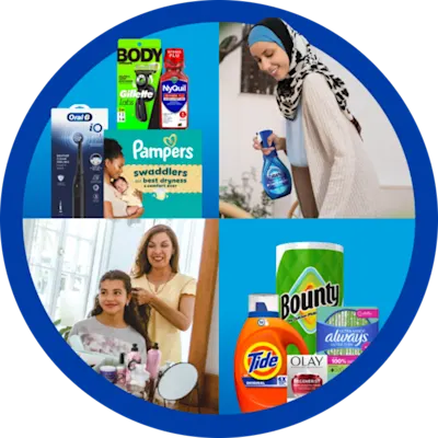 Collage mit verschiedenen P&G-Marken und -Produkten, darunter Gillette, NyQuil, Oral-B, Pampers, Dawn, Bounty, Tide, Olay und Always, kombiniert mit Bildern von Menschen im Alltag.
