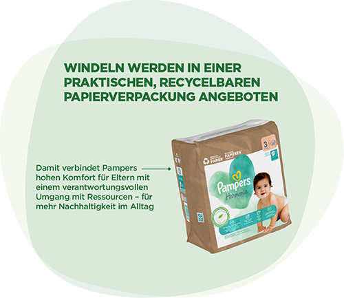 Pampers® Harmonie™ Windeln werden in einer praktischen, recycelbaren Papierverpackung angeboten. Damit verbindet Pampers hohen Komfort für Eltern mit einem verantwortungsvollen Umgang mit Ressourcen – für mehr Nachhaltigkeit im Alltag.
