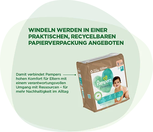 Pampers® Harmonie™ Windeln werden in einer praktischen, recycelbaren Papierverpackung angeboten. Damit verbindet Pampers hohen Komfort für Eltern mit einem verantwortungsvollen Umgang mit Ressourcen – für mehr Nachhaltigkeit im Alltag.