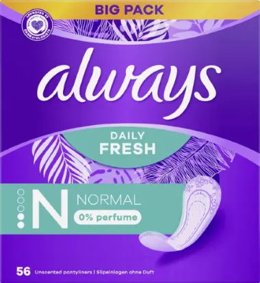 Foto einer violett-grünen Packung mit Always Daily Fresh-Binden mit der Aufschrift „Big Pack“, „100 % pflanzliche Fasern“ und „12 Stunden Schutz“.