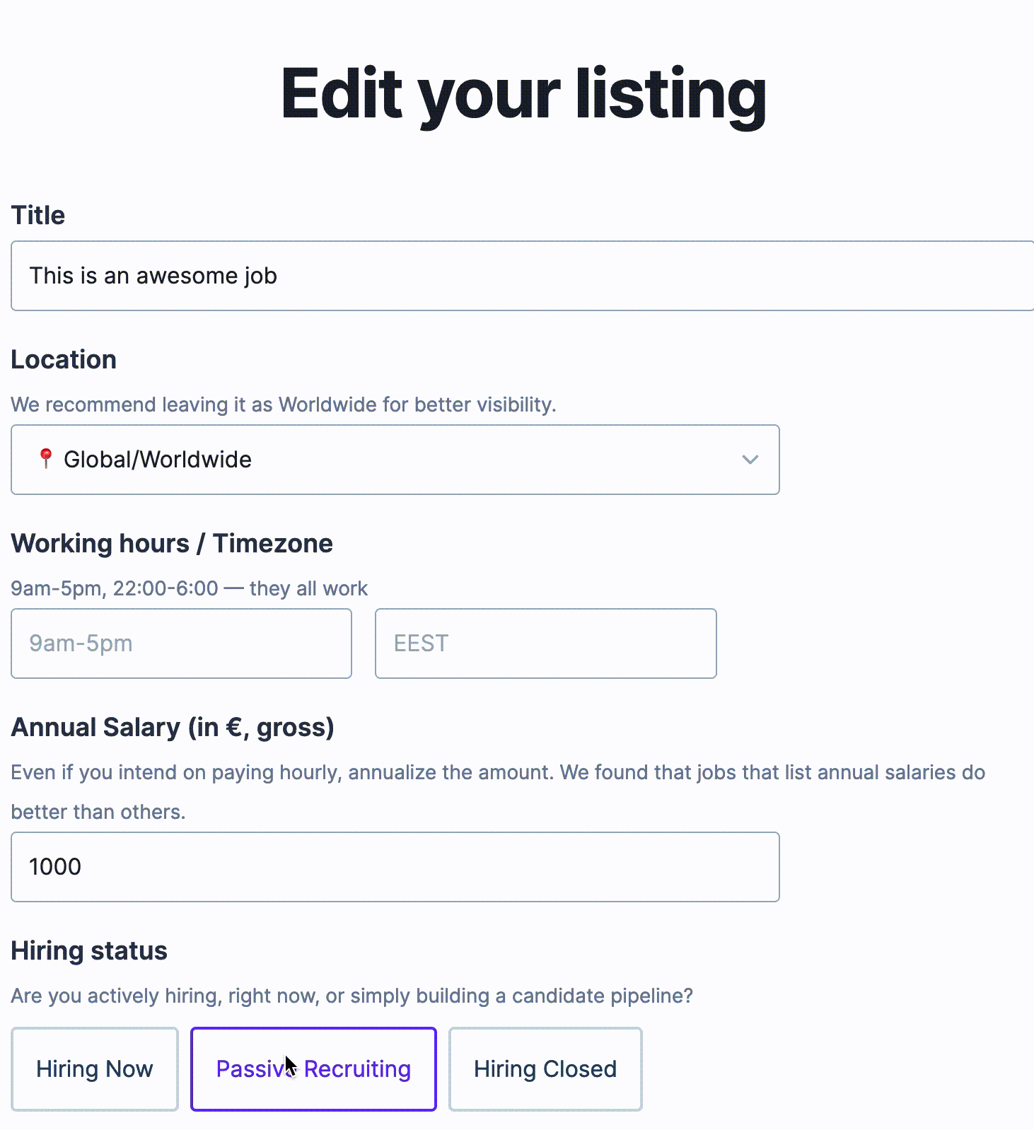 Working Hours / Work Schedule