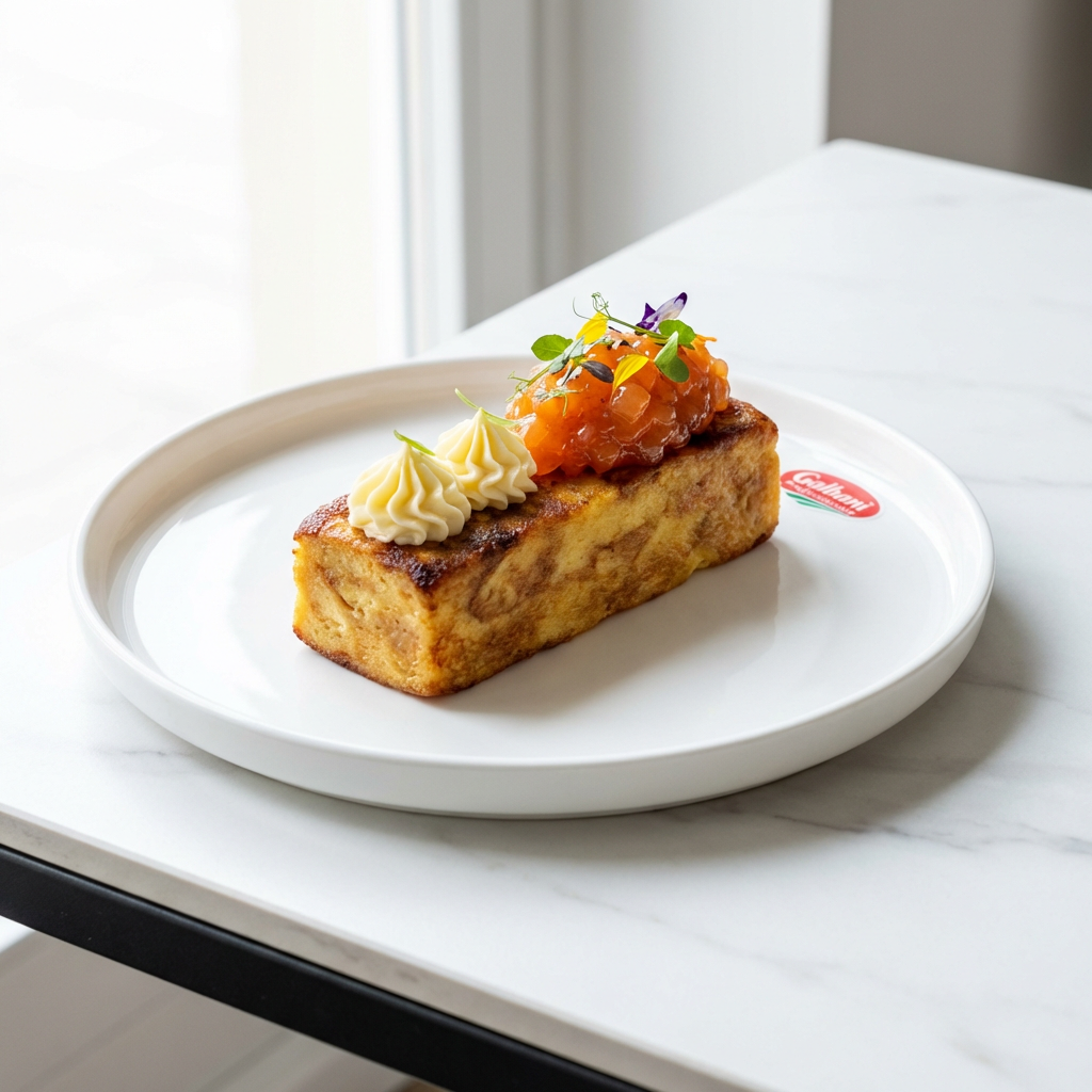 Buttered bread custard with orange tartare