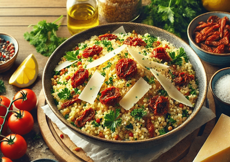 Bulgar wheat salad with sun-dried tomatoes and parmesan shavings