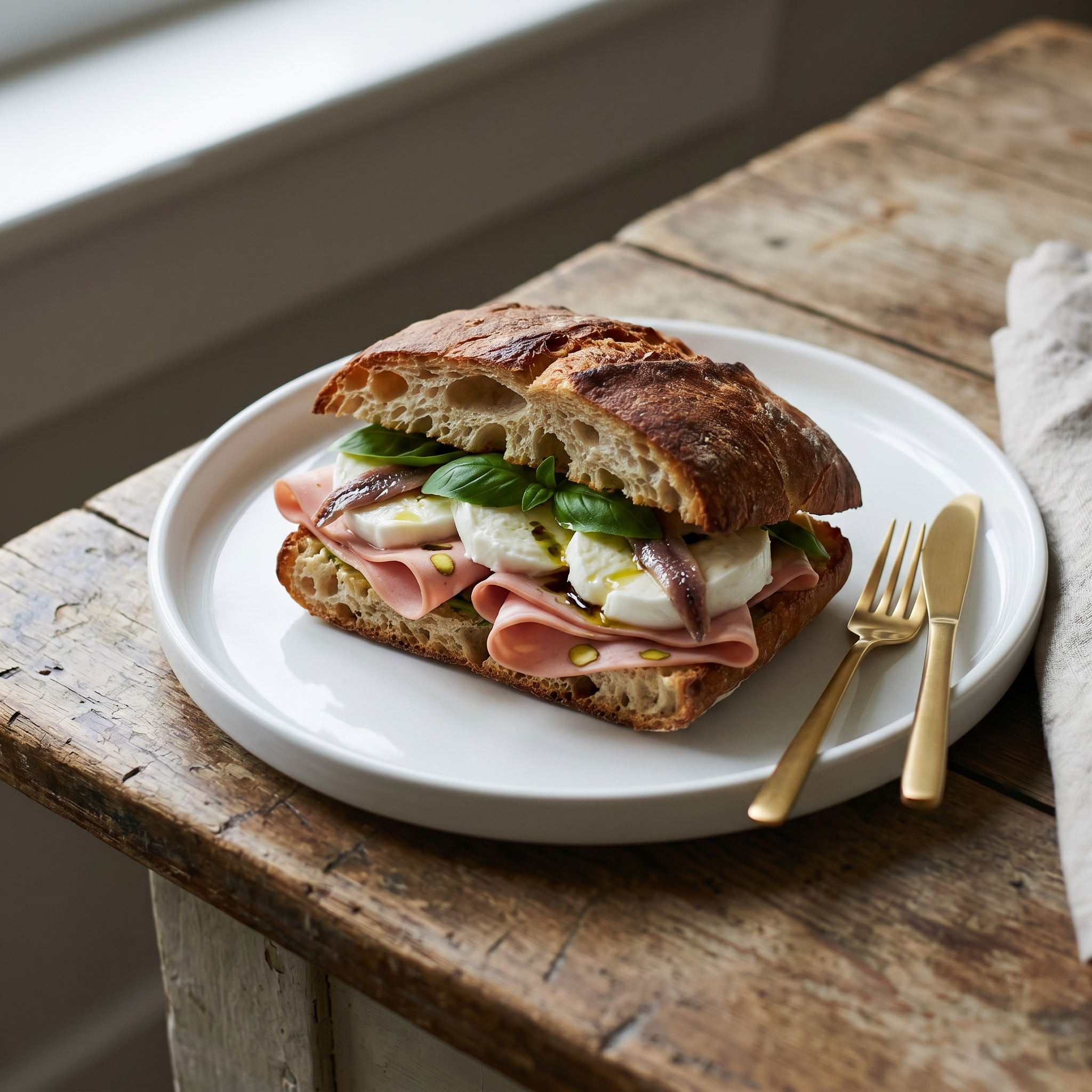 Mozzarella, anchovies and mortadella sandwich