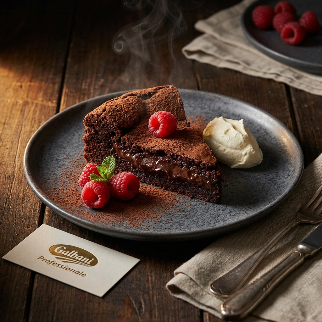 Warm dark chocolate fondant with raspberries